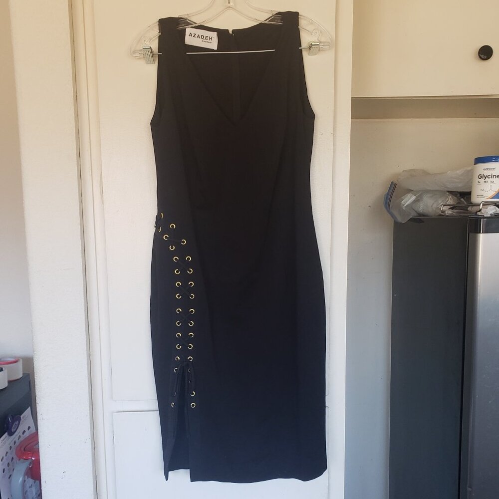 Azadeh Couture Black Dress w/Gold Rivet Lace up on side Size Large